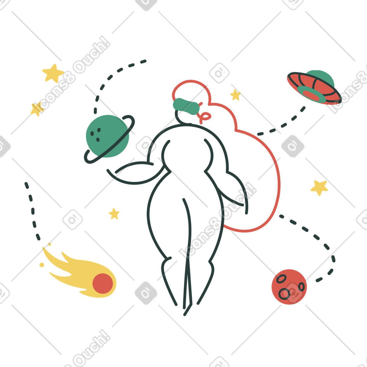 Illustration Femme dans un casque vr explorant l'espace le style Macaroni à télécharger aux formats PNG, SVG