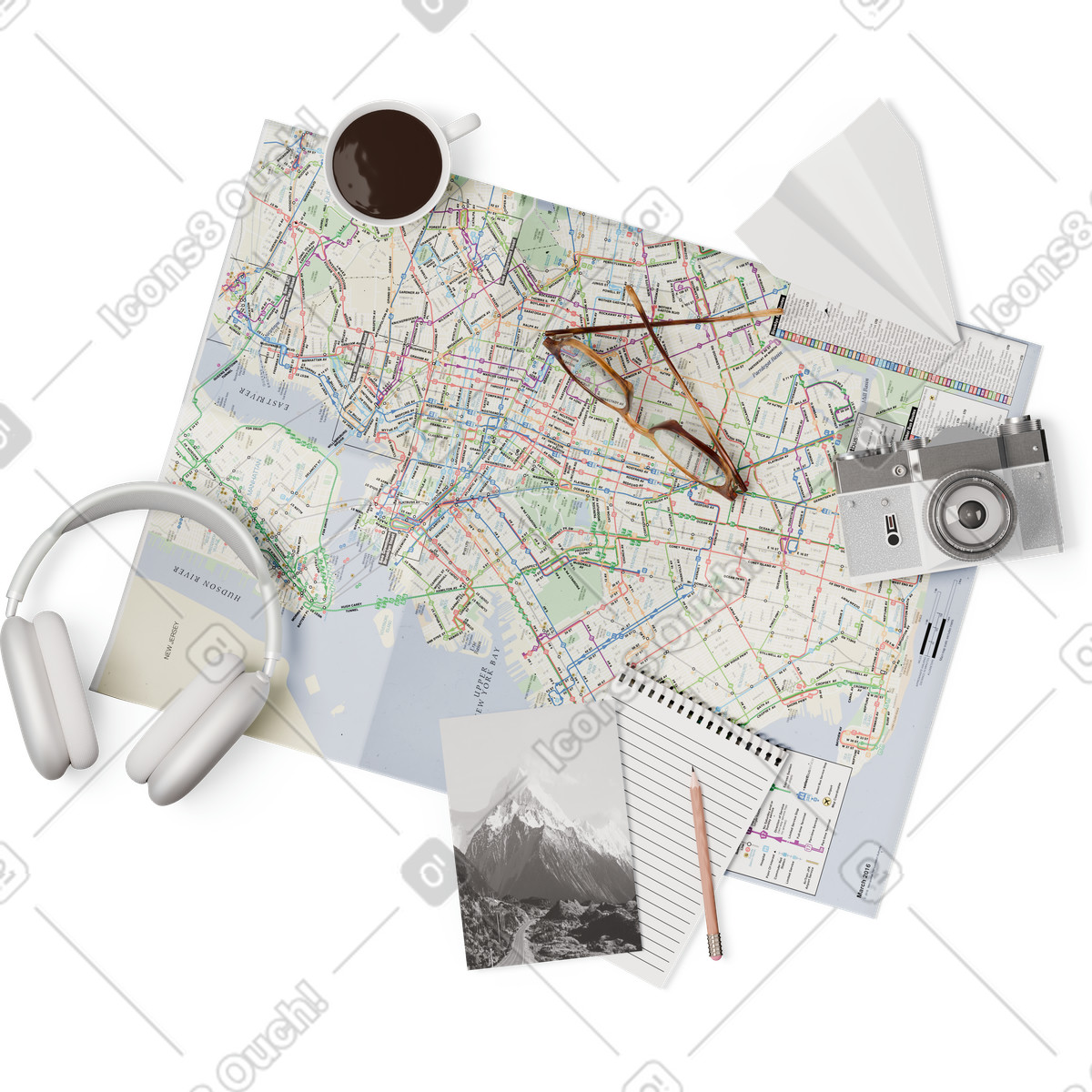 Top view of map headphones postcard cup and glasses illustration in 3D Hygge style download in PNG, SVG