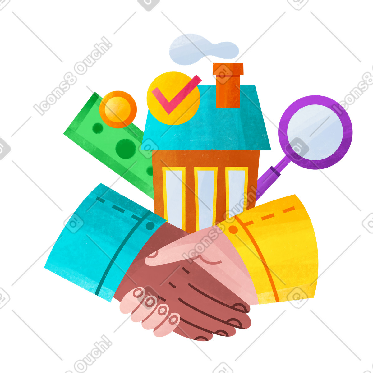 Ilustración Agente y cliente se dan la mano tras un buen acuerdo para compra de una casa. en estilo Bonbon a descargar en PNG SVG