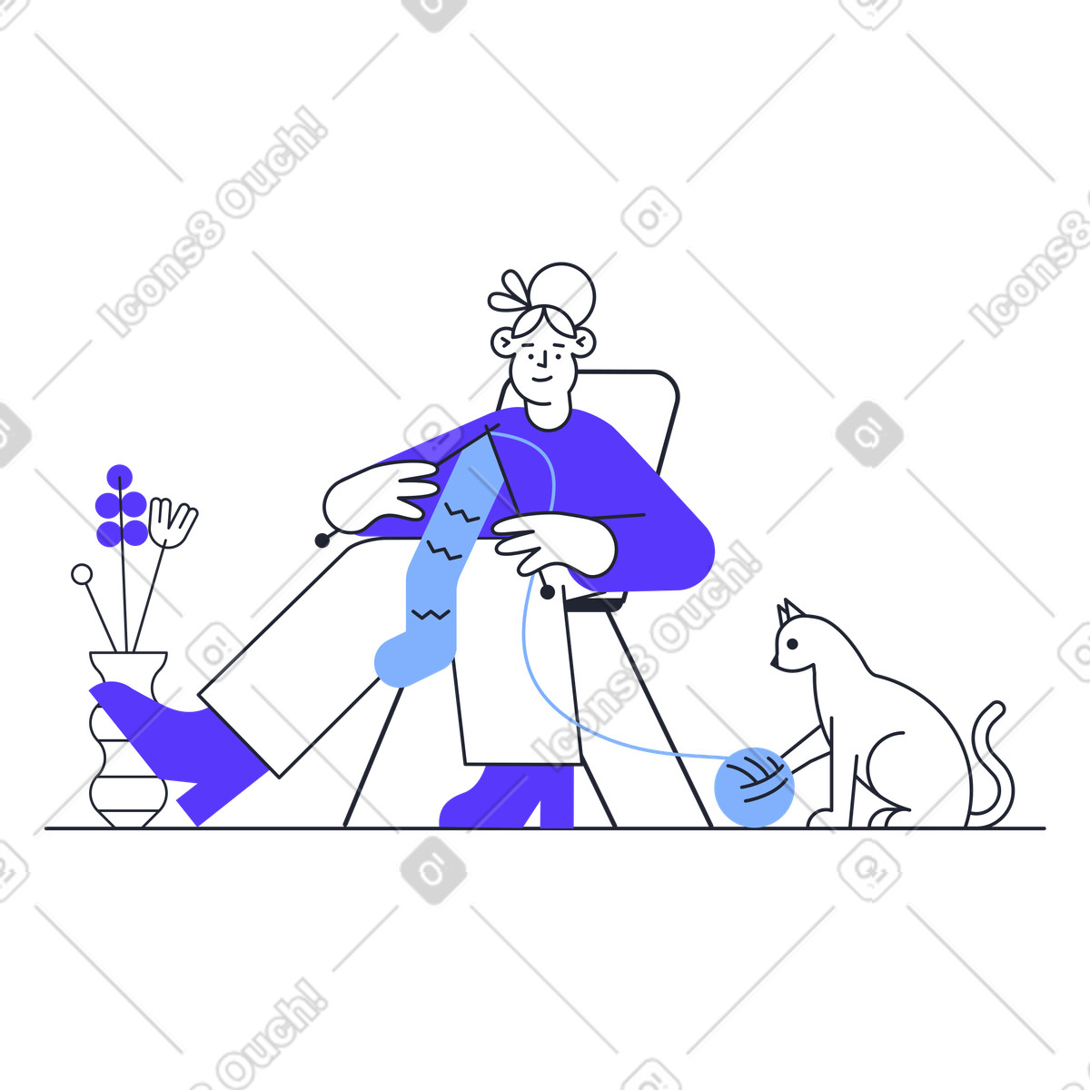 Woman knitting a sock and cat playing with ball of yarn illustration in Pablita style download in PNG, SVG