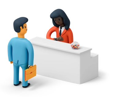 A man at a reception desk with a woman - 3D Flame style illustration