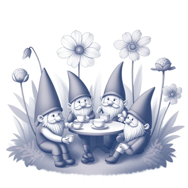 A group of vintage gnomes seated around a small, round table. Each gnome is wearing a traditional pointed hat and has a unique expression. The table is set with delicate porcelain teacups and a teapot, while some gnomes are pouring tea or holding cups in their hands. Surrounding the table, a garden filled with oversized flowers in various shapes and sizes creates a vibrant backdrop. The flowers tower over the gnomes, with intricate petals and textures that catch the eye. Lush green foliage frames the scene, adding depth and contrast to the gathering.