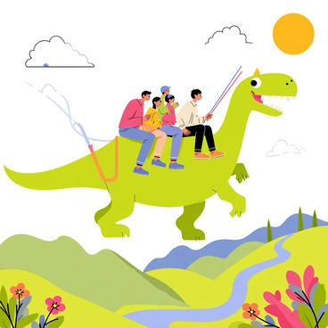 A group of five people is sitting comfortably in a colorful skyride harness, soaring on the back of a large green dinosaur with bright orange wings. The dinosaur has a friendly expression, with large, curious eyes and a wide smile. Below them, a lush landscape stretches out, featuring rolling hills, vibrant flowers, and a sparkling blue river. The sky is filled with fluffy white clouds, and a warm sun shines brightly, casting soft shadows on the scene. The riders are wearing casual, colorful clothing, enjoying the exhilarating experience as the dinosaur glides through the air.