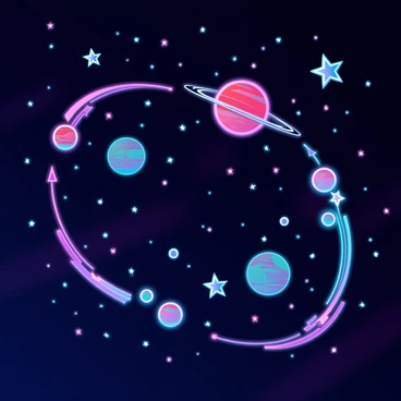 A vast night sky filled with an array of vibrant stars and planets. The stars twinkle with varying intensities, while several planets are depicted in different sizes and colors, showcasing deep blues, bright reds, and shimmering golds. These celestial bodies are positioned in elegant arcs, suggesting a sense of movement, as if they are gracefully dancing across the cosmos. The background is rich with dark shades of deep indigo and black, creating a striking contrast that highlights the brilliance of the stars and planets.