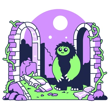 A monster is standing amidst the ruins of an old building. The structure features crumbling stone walls and scattered debris on the ground. The monster has dark, shaggy fur and glowing eyes that reflect the light. It is gazing up at a full moon that hangs in the night sky, illuminating the scene with a soft light. Surrounding the ruins are twisted vines and shadows, creating a dramatic contrast against the moonlit scene.