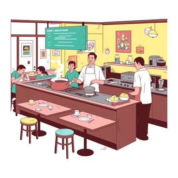 A cheerful chef-owner wearing a white apron is standing behind the counter of a cozy diner, stirring a large pot on the stove. The diner is filled with wooden tables and colorful chairs, and there are several patrons enjoying their meals at the tables. The walls are adorned with vintage photographs and local memorabilia. Soft yellow light illuminates the space, casting a warm glow, while a teal menu board hangs above the counter displaying daily specials. The chef has a friendly smile and is chatting with a customer at the counter, creating a welcoming atmosphere.