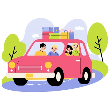 A car with a bright red exterior is driving down a winding road surrounded by green trees and blue skies. The family inside consists of four members: a father with short brown hair, a mother with long blonde hair, a young boy with curly hair, and a teenage girl wearing sunglasses. They all have wide smiles on their faces, expressing excitement for their trip. On the roof of the car, there are several colorful suitcases and bags securely tied down. The scene captures the joy and adventure of a family road trip.