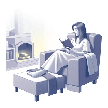 A person is lounging comfortably on a soft armchair in a cozy room. They are wearing a loose-fitting kaftan, which drapes elegantly over their body. The person is deeply engrossed in a book, holding it in one hand while the other rests on the arm of the chair. A warm glow emanates from a fireplace nearby, casting gentle shadows in the room. The ambiance is inviting, with a few scattered cushions on the chair and a textured throw draped over one side. A small bookshelf filled with books is positioned against the wall in the background.