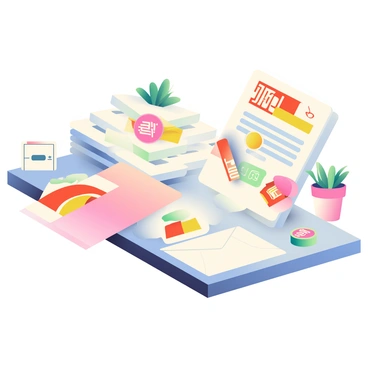 A collection of brand identity items is spread out on a wooden desk. The arrangement includes several letterheads neatly stacked, displaying a modern logo at the top in bold colors. There are circular stickers with the same logo, some are placed on the desk while others are partially rolled over. An envelope with a matching design lies open next to them, revealing a blank sheet of paper inside. The desk is organized, with a small potted plant adding a touch of greenery to the scene. A soft light illuminates the items, creating subtle shadows and highlights.