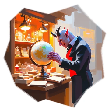 A Victorian devil with refined features and elaborate horns is browsing intently through an eclectic curio shop. The shop is filled with a variety of mysterious artifacts, including dusty old books, ornate trinkets, and peculiar curiosities displayed on wooden shelves. The devil wears a tailored suit, with a deep red waistcoat and a black tailcoat, reflecting the fashion of the Victorian era. His eyes glimmer with intrigue as he examines an antique globe with a faint smile. The warm light from vintage lamps casts a soft glow throughout the shop, enhancing the rich colors of the artifacts and creating an atmosphere of wonder and curiosity.