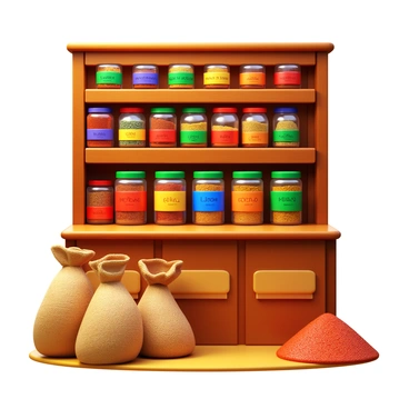 A 3D icon of an aromatic spice shop filled with vibrant jars of spices in various colors. The jars are neatly arranged on wooden shelves, showcasing spices like saffron, cumin, and paprika. There are also burlap sacks filled with different spices stacked on the floor, adding to the earthy texture of the scene. The shop's interior features warm tones, creating an inviting atmosphere. Brightly colored labels adorn the jars, each displaying the name of the spice in bold lettering. The background suggests the bustling environment of a market, with hints of other market elements visible.