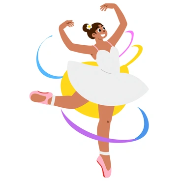 A ballet dancer wearing a white tutu and ballet shoes is in mid-performance, gracefully poised on one foot. Her arms are elegantly extended, creating a beautiful arc above her head. The dancer's hair is styled in a neat bun adorned with a small white flower. Surrounding her are swirling lines of soft pastel colors that capture the elegance and motion of her dance. The background is a simple stage with warm lighting that highlights her form, emphasizing the fluidity of her movements.