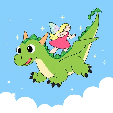 A colorful dragon with shimmering green scales and large, friendly eyes is soaring through a bright blue sky filled with fluffy white clouds. The dragon has wide, playful wings that create a gentle breeze as it glides. On its back, a tiny fairy with iridescent wings and a bright pink dress clings to the dragon's neck, smiling with excitement. The fairy has long, flowing hair that dances in the wind. Sunlight sparkles off the dragon's scales and the fairy's wings, adding a magical glow to the scene.