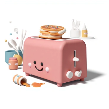 A quirky kitchen appliance resembling a toaster, designed in a bright red color with exaggerated cartoonish features. It has a smiling face on the front and oversized buttons that are labeled "Pancake" and "Toast." Instead of traditional slots for bread, the top of the toaster is wide and flat, with a small stack of fluffy pancakes sitting on it, slightly burnt around the edges. The pancakes have colorful sprinkles on top, and a syrup bottle is humorously tipped over, spilling syrup down the side of the toaster. The background includes a kitchen counter with various utensils scattered around, enhancing the playful atmosphere.