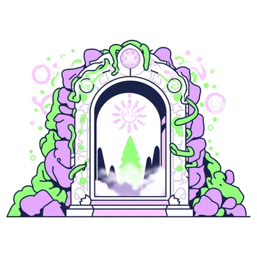 A gateway stands prominently in the center, framed by twisting vines and ancient stones. The archway is elaborately carved with intricate symbols, glowing with energies that pulse in a rhythmic pattern. Swirling energies in shades of green and purple emanate from the gateway, creating a mystic aura. Flickering lights dance around the archway, casting shadows on the ground. A slight mist hovers at the entrance, enhancing the ethereal atmosphere. In the background, faint silhouettes of trees are visible, adding depth to the scene.