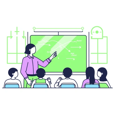 A classroom setting features a teacher standing in front of a large chalkboard. The teacher has medium-length hair and is wearing a blue shirt with sleeves rolled up. On the chalkboard, there are diagrams illustrating nuclear fission, with arrows and labels pointing to various components. In front of the teacher, a group of students are seated at desks, attentively listening. The students display a range of expressions, some taking notes while others are looking up at the teacher. Sunlight streams in through the windows, illuminating the chalkboard and creating a welcoming atmosphere.