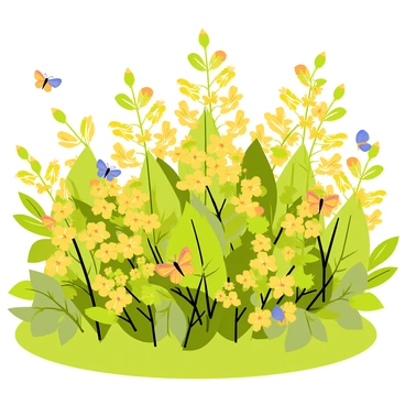 A lush garden scene filled with vibrant green foliage. The garden features several honeysuckle bushes in full bloom, displaying clusters of yellow and orange flowers. Colorful butterflies flutter around the flowers, showcasing their intricate wing patterns. The sun shines down, casting gentle shadows on the ground, enhancing the rich colors of the blossoms and leaves.