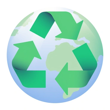 A large green recycling symbol is prominently displayed, encircling the planet Earth. The Earth is depicted with blue oceans and green landmasses, showcasing various continents. The recycling symbol is bold and clear, with three arrows forming a triangle. The arrows are a vibrant shade of green, contrasting against the blue and green of the planet. Light reflects off the Earth's surface, emphasizing its spherical shape. The background is a soft gradient, transitioning from light blue at the top to a deeper blue at the bottom.