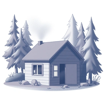A tiny wooden hut with a sloped roof is nestled among a dense forest of trees. The structure features small windows, and smoke is gently rising from the chimney, indicating a fire is burning inside. Surrounding the hut are various types of trees, their trunks visible, contributing to the sense of being enveloped by nature. The ground is covered in leaves and small plants, adding texture to the forest floor. Sunlight streams through the branches, casting soft shadows around the hut.