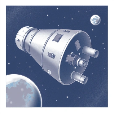 A detailed close-up of the "Apollo command module" drifting in space. The module is a conical-shaped spacecraft with a rounded top and a smaller base. The surface of the module features a textured, metallic finish with various small panels, lights, and windows visible. The Earth can be seen in the background, appearing as a distant blue and white orb against the blackness of space. Stars twinkle in the background, creating a sense of vastness around the spacecraft. The scene captures the isolation and technological marvel of human space exploration.