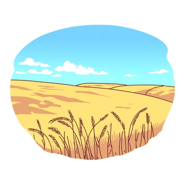 A vast expanse of golden wheat fields stretches across the landscape of the Canadian prairies. The wheat sways gently in the breeze, creating waves of texture and movement. In the background, a clear blue sky dominates the scene, with a few fluffy white clouds scattered intermittently. The horizon is distant, emphasizing the wide-open space of the prairie, while the sunlight casts a warm glow over the fields, enhancing their golden hue.
