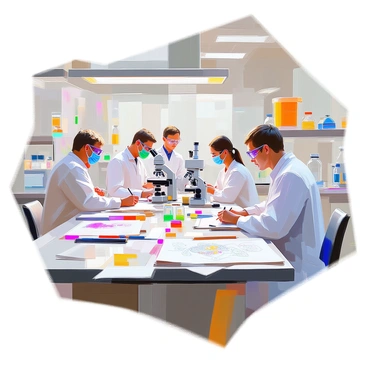 A bustling medical laboratory filled with various scientific equipment and workstations. Several scientists in lab coats, wearing safety goggles, are actively collaborating on experiments. One scientist is using a microscope, while another is taking notes on a clipboard. Nearby, illustrators are sketching intricate diagrams of cells and tissues at a large table covered in papers and colored pencils. The atmosphere is focused and dynamic, with bright overhead lights illuminating the space. Various laboratory tools, glassware, and biological samples are scattered throughout the room, emphasizing the collaborative effort between science and art.