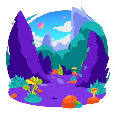 A strange alien landscape featuring unusual rock formations with sharp edges and vibrant colors. The rocks are twisted and towering, displaying shades of purple, teal, and bright orange. Scattered throughout the landscape are glowing plants with oversized leaves and luminescent stems, casting a soft light on the surroundings. The ground is uneven and textured, covered with a mix of sparkling crystals and colorful soil. In the background, a swirling sky filled with multiple moons and a spectrum of colors adds to the otherworldly atmosphere.