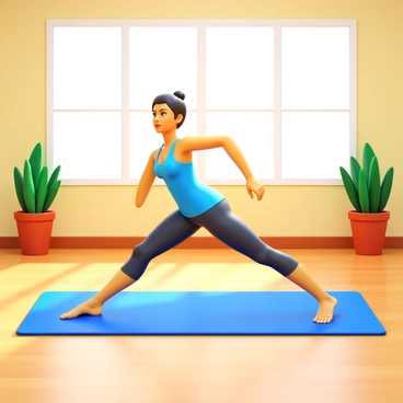 A woman performing pilates exercises on a yoga mat. She is wearing comfortable athletic wear and has a focused expression. The bright studio is filled with natural light streaming through large windows. There are potted plants in the corners of the room, and the wooden floor complements the serene atmosphere. The woman is in a balanced pose, showcasing strength and flexibility.