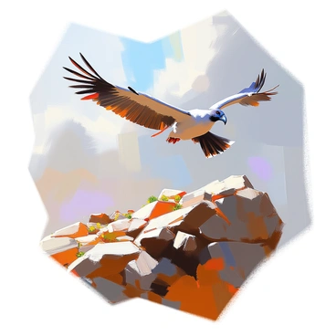 A California condor is soaring high above rugged rocky terrain, its wingspan spread wide. The sunlight filters through the clouds, creating a stark contrast with the dark silhouette of the bird. Beneath it, the intricate textures of the rocky ground are visible, with scattered stones and patches of dry vegetation. The shadow of the condor is dramatically cast on the uneven surface, accentuating the details of the terrain below. The scene captures the grandeur and power of this majestic bird in flight.