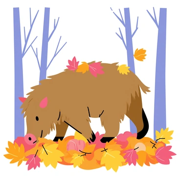 A wild boar with a shaggy brown coat is rummaging through a thick layer of fallen autumn leaves. The boar's snout is buried in the leaves, uncovering nuts and roots. Various shades of orange, yellow, and red leaves surround the boar, creating a vibrant carpet of color on the forest floor. Some leaves are floating gently down from nearby trees, while others are partially stuck to the boar's back. In the background, tall trees with bare branches extend towards the blue sky, completing the autumn scene.