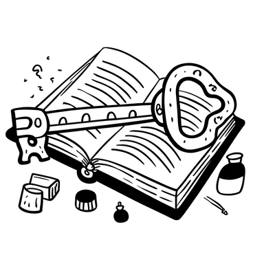 An oversized key lying across the pages of an open book. The book is placed on a wooden table with intricate carvings. The pages of the book are filled with text and illustrations. Surrounding the book, there are scattered quills and ink bottles. The key has a detailed design, with ornate patterns along its shaft and a large, decorative head. The overall composition emphasizes the relationship between the key and book, symbolizing the theme of unlocking knowledge.
