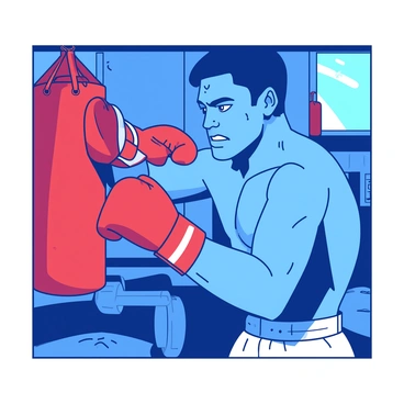 A blue boxer is training intensely in a gym, wearing red boxing gloves. He is striking a red heavy bag with focus and determination, his muscles visibly tensed. The background features gym equipment like weights and a mirror reflecting his intense expression. Sweat is glistening on his forehead as he moves with purpose, embodying strength and dedication.