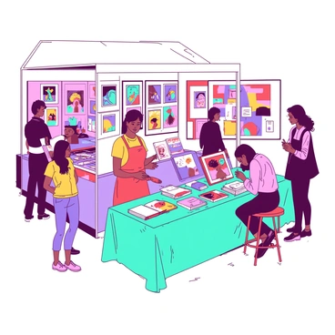 A vibrant booth at an art festival featuring several illustrators showcasing their work. There are colorful displays of framed illustrations hanging on the booth walls, featuring various designs and themes. In front of the booth, a teal table is covered with an array of sketchbooks, prints, and art supplies for sale. One illustrator, wearing a red apron, is standing behind the table engaging with visitors, while another artist is sitting on a stool, sketching a passerby. The atmosphere is lively, with festival-goers admiring the artwork and interacting with the artists.