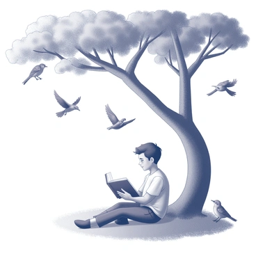 A character named "Paul" is seated on a grassy patch under a large tree with a thick trunk and sprawling branches. He is holding an open book in his lap, deeply focused on the pages. The tree's leaves create a pattern of shadows on the ground. Surrounding him, several birds are perched on the tree branches, each bird displaying intricate details of their features and natural postures. Some birds appear to be in mid-flight above him, while others are quietly observing from nearby branches.