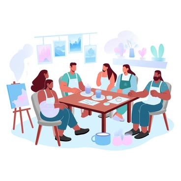 A group of artists is gathered around a small wooden table, sharing coffee and discussing art prints. Each artist has a unique style, with some wearing paint-splattered aprons and others adorned in colorful attire. Several art prints are displayed on the table, showcasing vibrant abstract designs and detailed landscapes. The setting includes a cozy atmosphere, with soft lighting and potted plants in the background. In the corner, a small easel holds a canvas with a partially completed painting, inviting conversation. A steaming coffee pot is positioned next to an array of mugs, creating a welcoming environment for creativity.