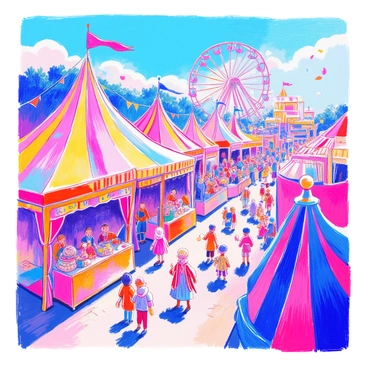 A bustling carnival with colorful tents and cheerful crowds