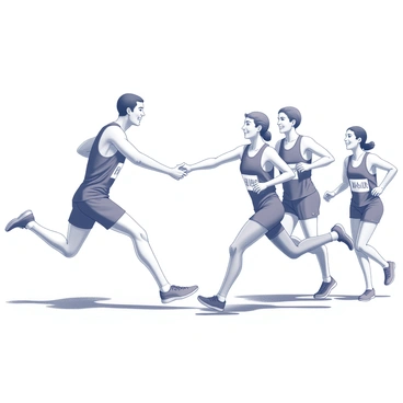 A group of runners is engaged in a relay race. One runner is in mid-stride, extending their hand to pass a baton to a teammate. The receiving runner is poised to take the baton, with a focused expression on their face. Other team members are visible in the background, cheering and preparing for their turn. The scene captures the dynamic movement and energy of the race.