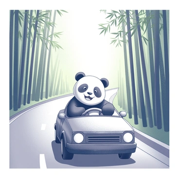 A panda sitting in the driver's seat of a small, compact car. The panda has a joyful expression, with its paws on the steering wheel. The car is driving along a narrow road that is lined with tall bamboo on either side. The bamboo stalks are dense and create a green canopy overhead, while the sunlight filters through the leaves. The road curves gently, leading into the distance, where more bamboo can be seen.