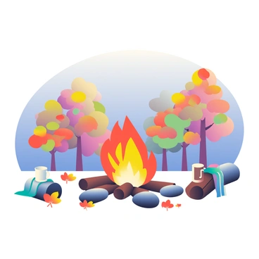 A campfire is crackling in the center of the image, glowing with warm orange and yellow flames. Surrounding the campfire are various logs and stones arranged in a circle. Colorful autumn leaves in shades of red, orange, and yellow are scattered on the ground around the campfire. There are a few small, cozy blankets draped over nearby logs, and a steaming mug sits on one of the logs. The background features trees with vibrant fall foliage, their leaves gently swaying in a light breeze. The sky above is transitioning from blue to a soft purple as evening approaches.