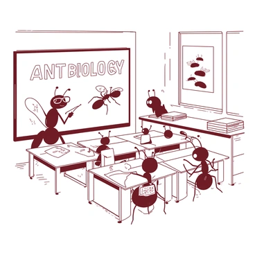 A white classroom is filled with tiny ants sitting at miniature desks. Each ant is facing a chalkboard where "ANT BIOLOGY" is written in clear letters. At the front of the class, a large ant with glasses is gesturing with a tiny pointer, illustrating different ant species on a poster. There are books stacked on each desk, and some ants are taking notes on small pieces of paper. Sunlight streams through the window, casting shadows across the classroom floor.