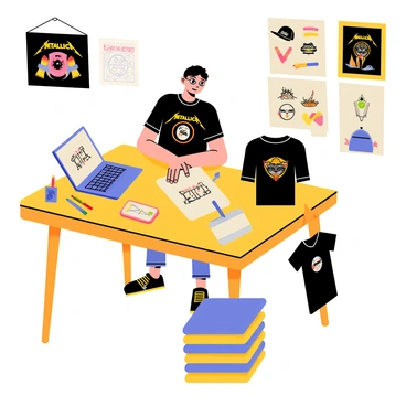 A designer seated at a wooden table in a creative workspace, focused on sketching new "Metallica" merchandise. The table is cluttered with colorful markers, pencils, and sheets of paper featuring various "Metallica" logo designs. The designer, wearing a black T-shirt with a music theme, is surrounded by inspirational posters of "Metallica" on the walls. A laptop on the table shows a digital mock-up of a T-shirt design. Nearby, a stack of blank hats and T-shirts lay ready for printing, emphasizing the merchandise creation process.