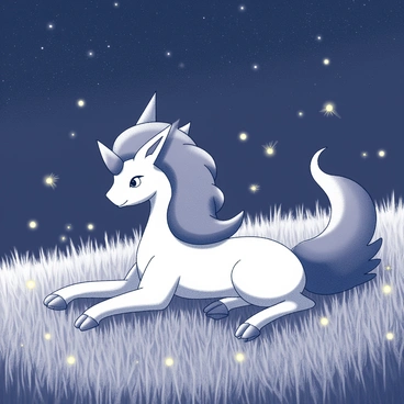 A majestic Suicune lying gracefully in a lush meadow. The creature has a sleek blue body with flowing mane-like structures, elegantly positioned against the ground. Surrounding the Suicune, a sea of tall grass sways gently in the night breeze. Above, a dark sky filled with countless stars twinkles brightly. Small, glowing fireflies flutter playfully around the meadow, their light contrasting with the starry backdrop, creating a serene atmosphere. The scene captures the tranquility of the night and the beauty of nature.
