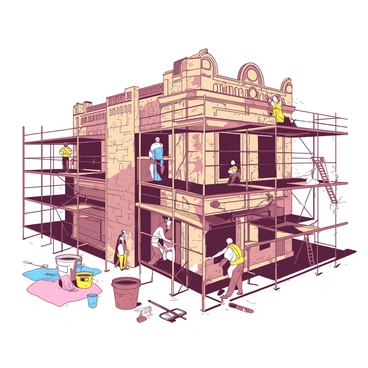An old historic building with intricate architectural details is undergoing restoration. Scaffolding surrounds the structure, providing access for the artisans. The artisans, wearing safety gear, are diligently working on different sections of the building. Some are carefully removing old paint, while others are applying new materials to restore the facade. The scene captures tools and equipment scattered nearby, including brushes, buckets, and drop cloths. Sunlight casts shadows on the scaffolding, highlighting the textures of the building's weathered stone and the fresh materials being used.