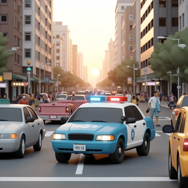 A 3D police car, featuring a bright blue exterior with a white police logo on the side, is maneuvering through crowded downtown traffic during rush hour. The car has flashing red and blue lights on the roof, and its siren is blaring. Surrounding the police car are various other vehicles, including a gray sedan, a red pickup truck, and a yellow taxi, all in motion. The streets are bustling with pedestrians, some waiting at crosswalks while others are hurrying along the sidewalks, and tall buildings line both sides of the street. The sun is setting, casting a warm glow over the scene, highlighting the busy urban environment.