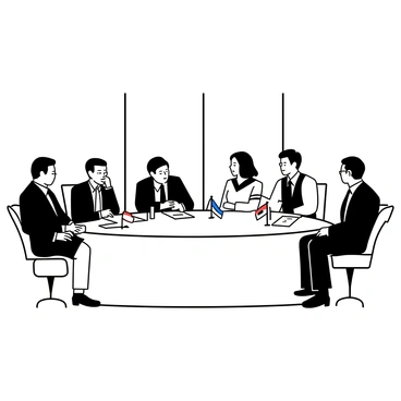 A group of politicians from different countries is seated around a large round table. Each politician is dressed in formal attire, with distinct cultural garments representing their nations. The table is covered with papers and documents, and there are small flags from various countries placed in front of each politician. Some politicians are engaged in discussion, while others are listening attentively. The room has large windows that show a city skyline in the background.