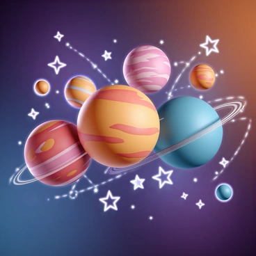 A vibrant scene depicting multiple planets, each with distinct colors and textures, such as a fiery red planet with swirling clouds and a deep blue planet with ring structures. They are interspersed among various twinkling stars of different sizes and brightness. The planets appear to be rotating gracefully around one another, creating a dynamic motion. Ethereal wisps of light connect the planets and stars, suggesting movement through different dimensions. The background is filled with a gradient of cosmic colors, representing the vastness of space.