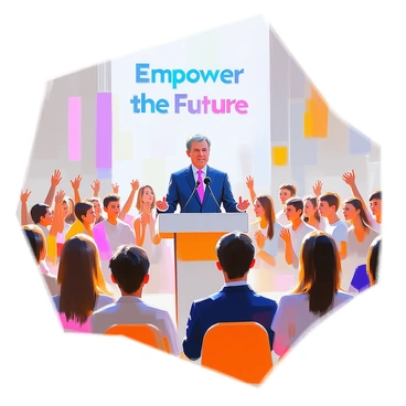 A prime minister standing at a podium with a microphone, addressing an audience of enthusiastic young leaders at a youth conference. The prime minister has short dark hair and is wearing a tailored suit, exuding confidence and charisma. Behind the prime minister, there is a large banner with the words "Empower the Future" in bold letters. The audience is engaged, with some young people raising their hands and others nodding in agreement, showcasing their eagerness to learn and participate. The setting is bright and filled with a sense of energy and motivation.