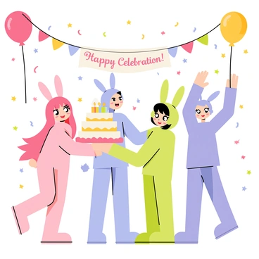 A group of four anime characters wearing cute bunny costumes in various pastel colors. Each character has distinctive features: one has long pink hair with floppy bunny ears, another has short blue hair with tall, perky ears, the third has green hair styled in a bob with bunny ear headband, and the fourth has purple hair with a bun and small ears. They are surrounded by colorful balloons and streamers, holding up a large cake topped with candles. A festive banner that reads "Happy Celebration!" is hanging overhead. The scene is filled with confetti falling from above, creating a joyful atmosphere.