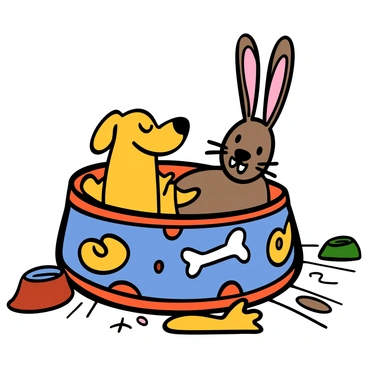 A dog bowl with a round shape, featuring colorful illustrations of popular cartoon characters around its exterior. The characters include a cheerful yellow dog, a mischievous cat with a big smile, and a lively rabbit with long ears. The background of the bowl has a vibrant design with playful patterns of bones and paw prints. The bowl is made of glossy ceramic, reflecting light, and it is placed on a wooden floor with a few scattered dog toys nearby.