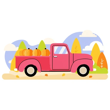 A vintage red truck is filled with an assortment of orange pumpkins, some small and round while others are larger and slightly misshapen. The truck's paint is slightly chipped, adding to its rustic charm. The dirt road is lined with green grass and a few scattered autumn leaves. In the background, there are trees with colorful fall foliage, showcasing shades of yellow and orange. The sky is bright blue with a few fluffy white clouds. The truck is in motion, kicking up a small cloud of dust behind it as it travels down the road.